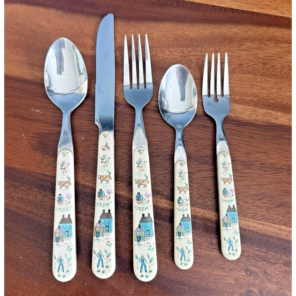 Vintage Heartland International Flatware‎ 5 Pc Place Setting Folk Art Country